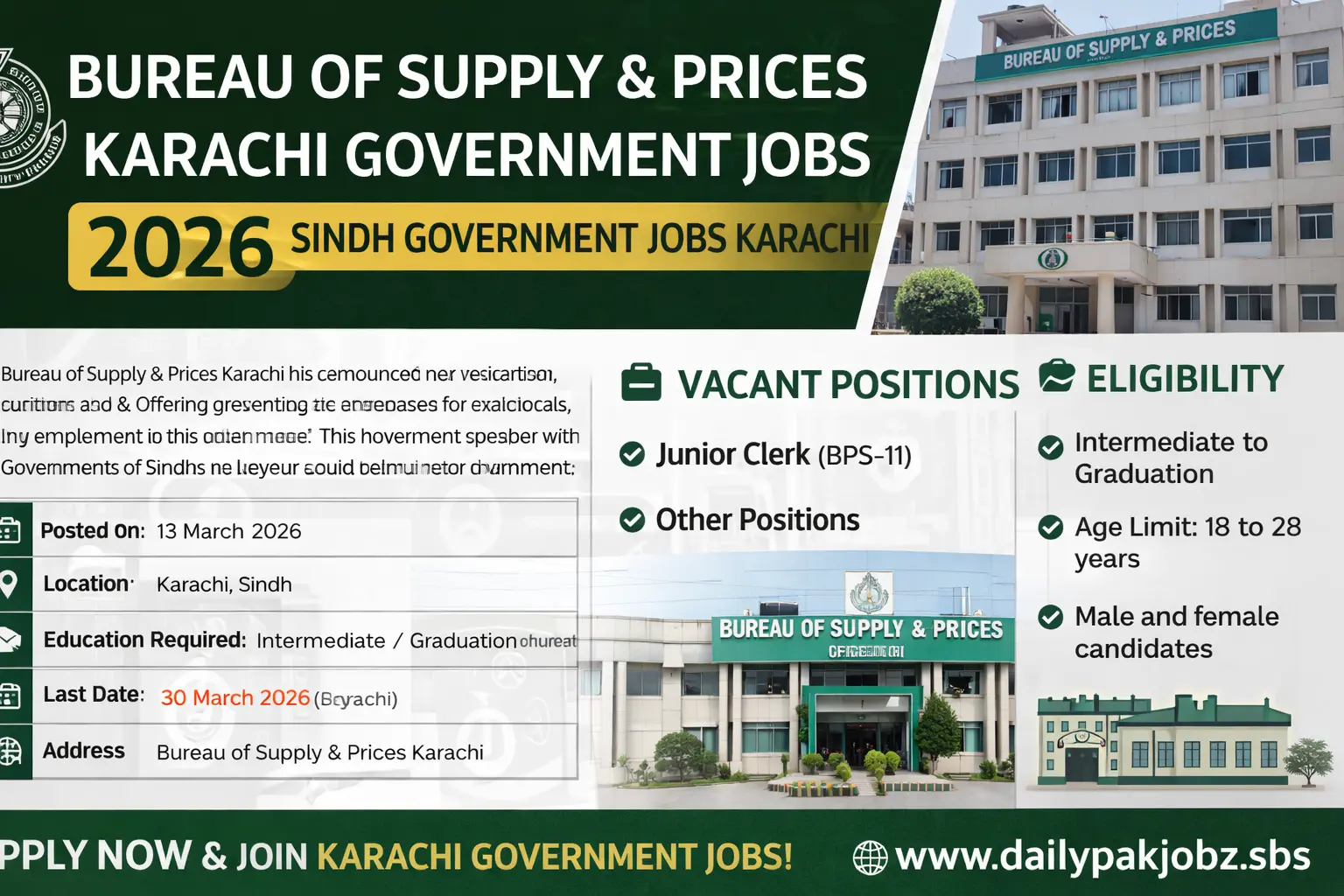 Bureau of Supply & Prices Jobs 2026 Karachi